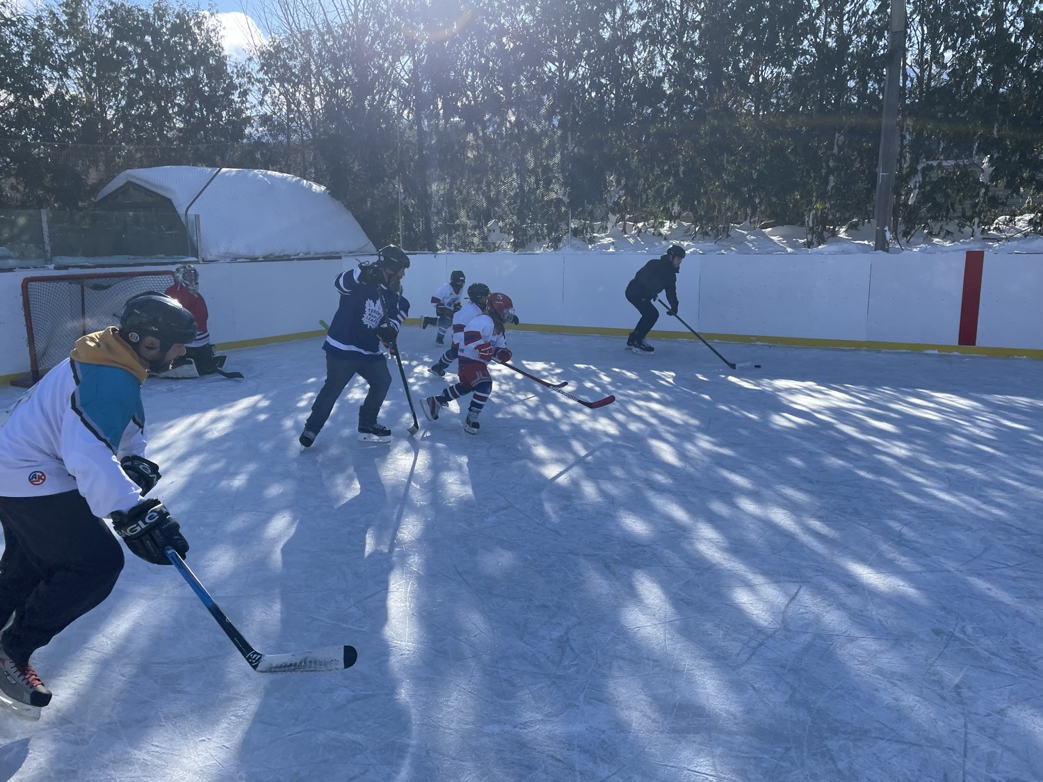 Players chasing the puck up the boards on a sunny afternoon