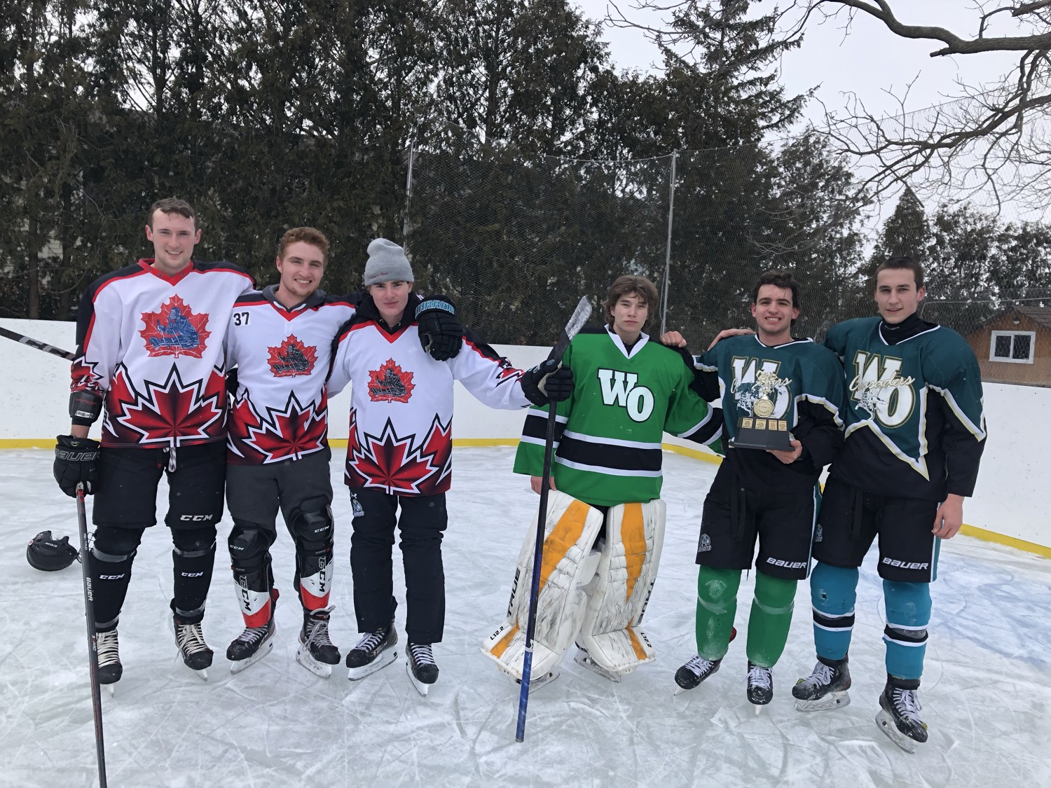 A team lined up along the boards in full jerseys after a game